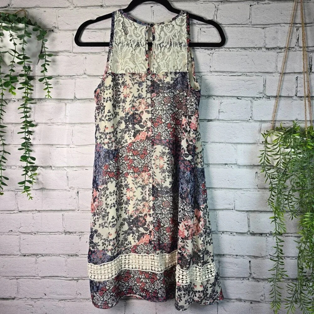 A. BYER SLEEVELESS DRESS LACE NECKLINE ABSTRACT PRINT WOMENS SIZE L